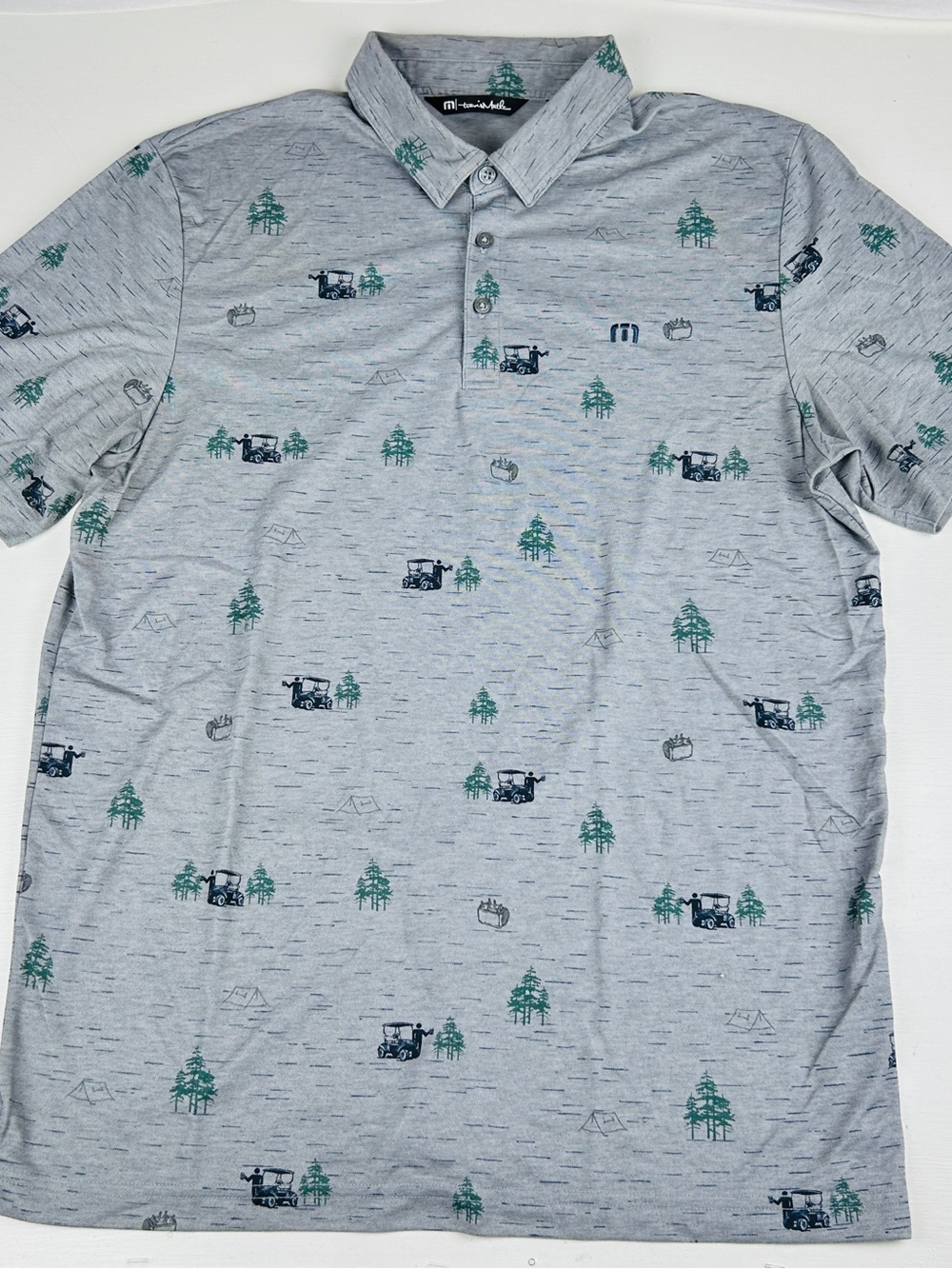 Travis Mathew Mens Polo Shirt Sz Large Collared Gray Golf Carts Trees Pima